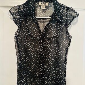 Black Sheer Heart Print Blouse With Tie